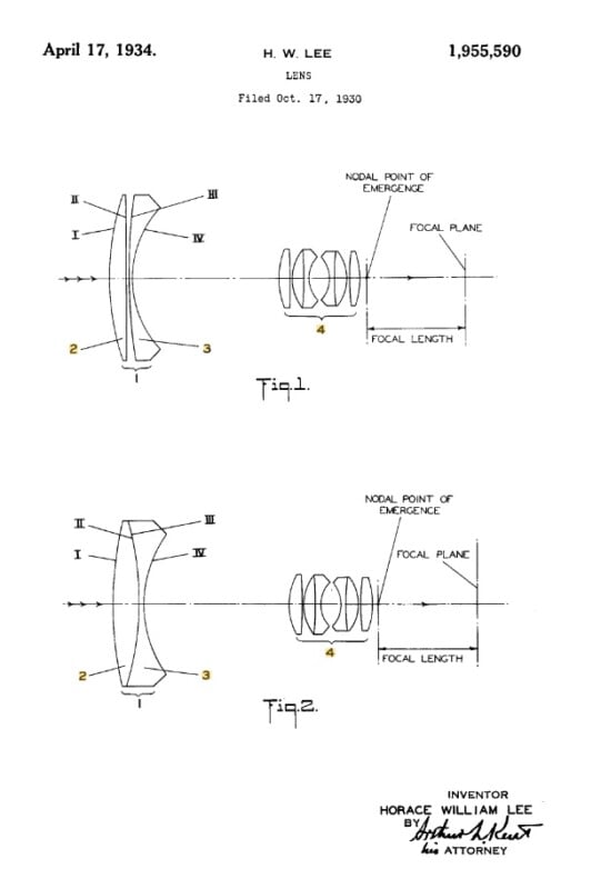 Patent diagram showing two optical lens setups labeled Fig. 1 and Fig. 2, each with labeled nodal points, focal planes, and focal lengths, dated April 17, 1934, for inventor Horace William Lee.